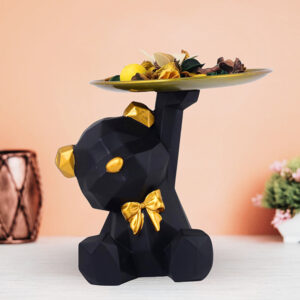 Mini Geometric Bear Tray Holder – 6-Inch Resin Black Bear Organizer with Gold Accents