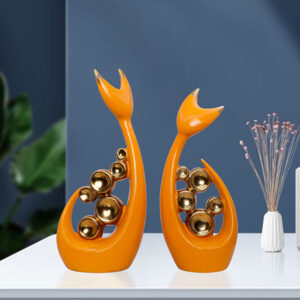Orange Abstract Cat Figurines – Set of 2 with Gold Accents (H- 29 & 26 cm)