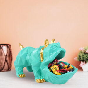 Geometric Bulldog Candy Holder – 6-Inch Mint Green Resin Dog Bowl with Gold Accents
