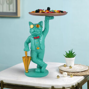 Gentleman Cat Candy Tray – 10-Inch Mint Green Resin Cat Butler Figurine with Gold Umbrella