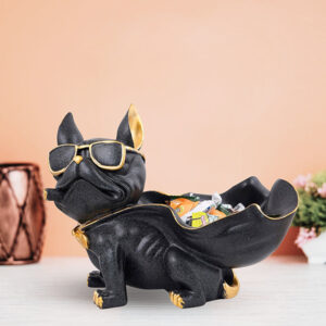 Cool French Bulldog Candy Dish – 8-Inch Black Resin Dog Tray with Gold Accents and Sunglasses