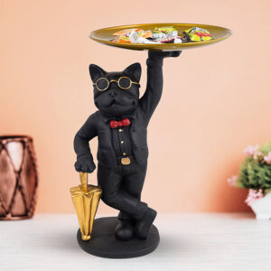 Black French Bulldog Butler Candy Tray – 10-Inch Resin Dog Figurine with Gold Tray & Umbrella