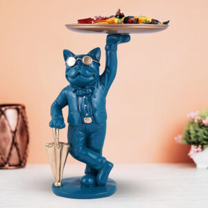 Blue French Bulldog Candy Dish Butler – 10-Inch Resin Dog Figurine with Golden Tray & Umbrella
