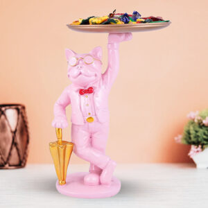 Pink French Bulldog Candy Dish Butler – 10-Inch Decorative Dog Figurine with Gold Tray & Umbrella