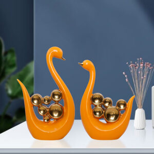 Orange Swan Figurines – Set of 2 with Golden Accents(H- 26 & 23 cm)