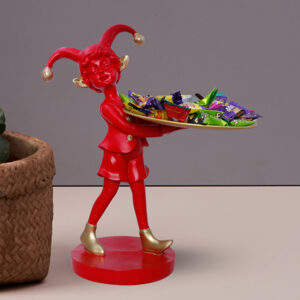 12-Inch Red Jester Figurine with Decorative Tray Stand