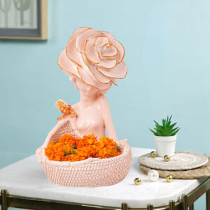 Blush Pink Lady Statue with Basket – 11” Resin Decor