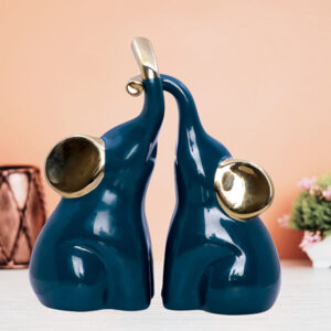 Teal Elephant Figurines – Set of 2 with Golden Ears (H-21.5 & 15 cm)