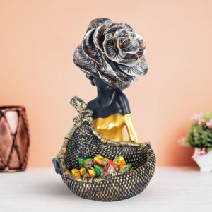 Black & Gold Lady Basket Statue – 11” Resin Decor