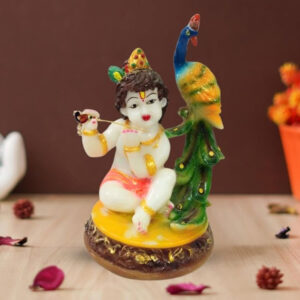 Sitting Bal Krishna Beside Peacock idol showpiece for home decor (Marble) - 6 inch