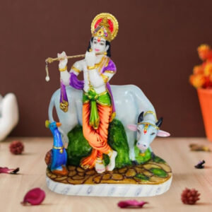 Lord Krishna Marble Divine Idol With Golden Foil Work - 18 Inch
