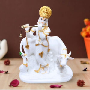 Lord Krishna Marble Divine Idol With Golden Foil Work - 18 Inch