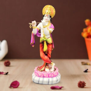 Lotus Lord Krishna idol showpiece for home decor (Marble) - 15 inch