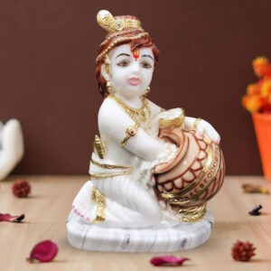 Bal Krishna Makhan Chor idol showpiece for home decor (Marble with foil work) – 10 inch