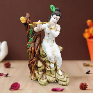Lord Krishna Sitting on a Tree idol Showpiece for home decor (Marble) - 20 inch