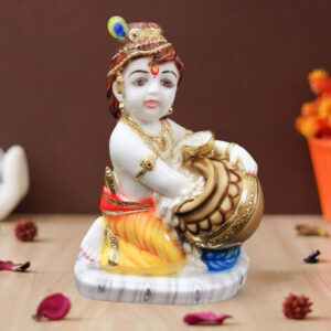 Bal Krishna Makhan Chor idol showpiece for home decor (Marble with foil work) – 10 inch