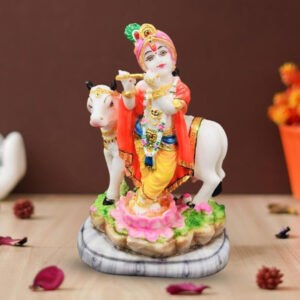 Lord Krishna with Cow idol showpiece for home & office (Marble) - 10 Inch