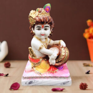 Bal Krishna Makhan Chor idol showpiece for home decor (Marble with foil work) – 7 inch
