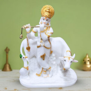 Lord Krishna Marble Divine Idol With Golden Foil Work - 18 Inch
