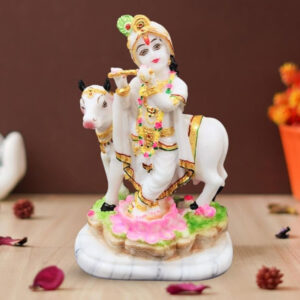 Lord Krishna with Cow idol showpiece for home & office (Marble) - 10 Inch
