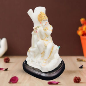 Lord Krishna Sitting on a Tree idol Showpiece for home decor (Marble) - 10 inch
