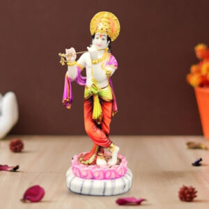 Lotus Lord Krishna idol showpiece for home decor (Marble) - 15 inch