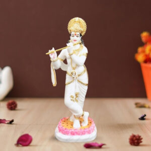 Lotus Lord Krishna idol showpiece for home decor (Marble with Golden Foil Work) - 24 inch
