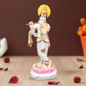 Lotus Lord Krishna idol showpiece for home decor (Marble) - 15 inch
