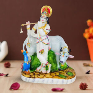 Lord Krishna Marble Divine Idol With Golden Foil Work - 18 Inch