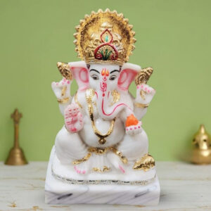 Lord Ganesha Idol Murti for Home & Office (Golden Foil Wrok) Marble - 6 Inch