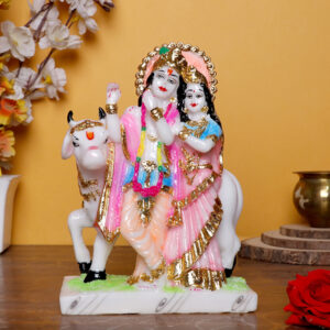Radha Krishna Marble Divine Idol With Golden Foil Work - 9 Inch