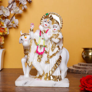 Radha Krishna Marble Divine Idol With Golden Foil Work - 9 Inch
