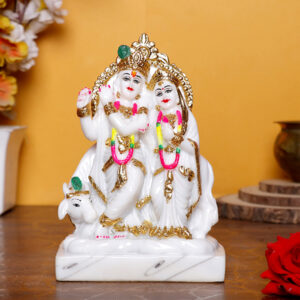 Radha Krishna Marble Divine Idol With Golden Foil Work - 7 Inch