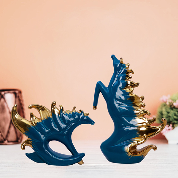 Blue & Gold  Polyresin Horse Duo – Modern Décor Set (H-21.5cm)