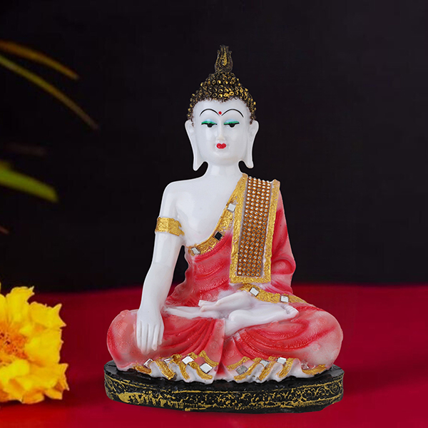 Hand Down Buddha Showpiece for Home Decor (Red) Marble – 10.5 Inch
