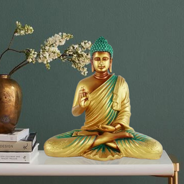 Meditation Big Buddha Showpiece for Home Decor (Golden & Green) Polyresin – 15 Inch