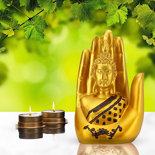 Palm Buddha Showpiece for Home Decor (Golden & Black) Polyresin – 7 Inch