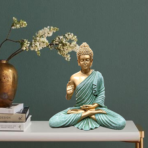 Meditation Big Buddha Showpiece for Home Decor (Green & Golden) Polyresin – 15 Inch