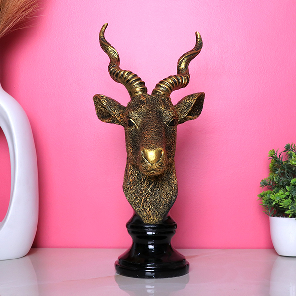 Antique Deer Face Showpiece for Home Decor (Golden & Black) Polyresin- 12 Inch