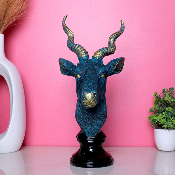 Antique Deer Face Showpiece for Home Decor (Blue & Black) Polyresin- 12 Inch