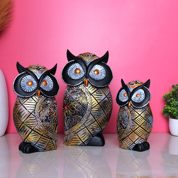 Antique Owl Showpiece for Home Decor (Set of 3) Polyresin – 10 Inch