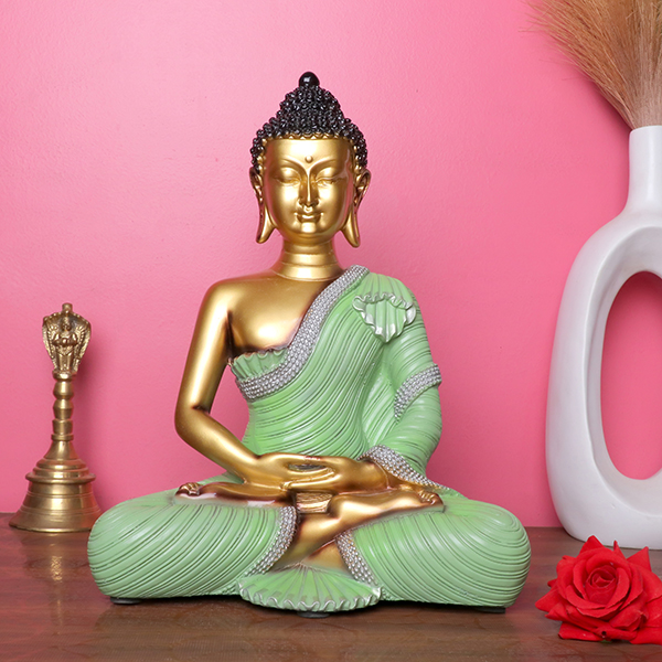 Lord Buddha Idol Showpiece for Home Decor (Green & Golden) Polyresin – 12 Inch